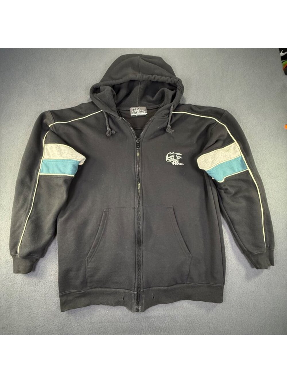 VTG No Fear Hoodie Mens Med Black Full Zip Graphic Logo Fleece Sweatshirt Y2K